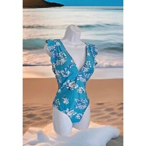 Cupshe‎ 1-Pc. Swimsuit M Blue Floral V-neck Ruffled Straps Removable Pads Beachy